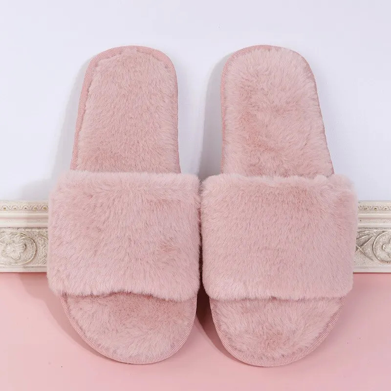 Winter Women Winter House Furry Slippers NonSlip Casual Indoor Flats Floor Shoes Ladies Flip Flops Warm Shoes Solid Colors 241115