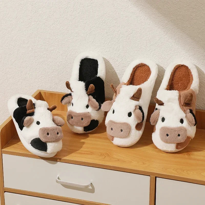 Winter Unisex Family Look Shoes Cartoon Cow Warm Childrens Plush Slippers For Girls Boys Indoor Nonslip Mule Home Cotton Shoes 241115