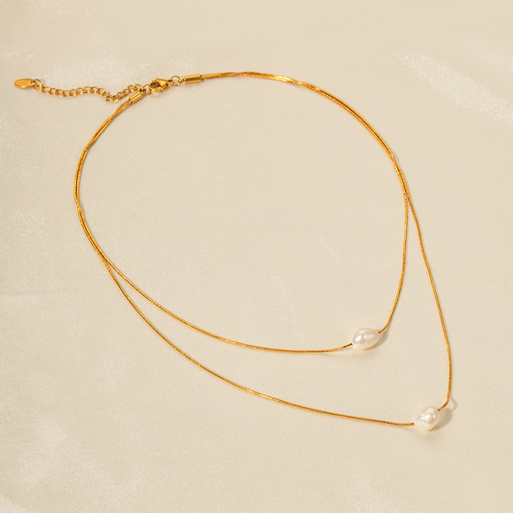 New Pearl Necklace for Women Plated 18k Gold Stainless Steel Inlaid with Freshwater Pearl Double Layer Non Fading Banquet Party Gift Jewelry
