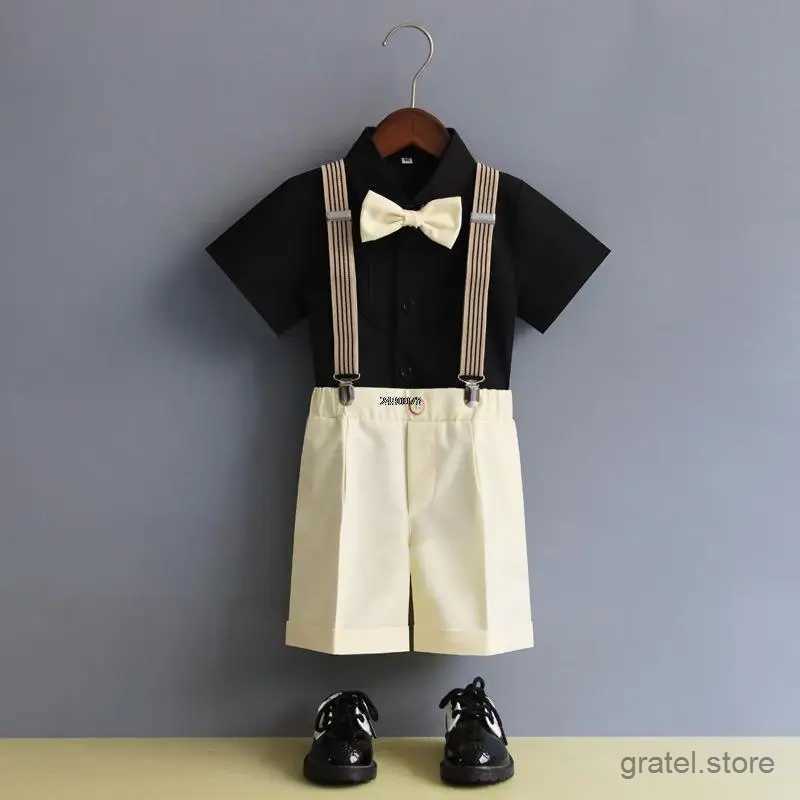 Suits Children Formal Strap Shirt Short Bowtie Clothing Set Kids Summer Photograph Birthday Dress Boys Piano Performance Dance Costume