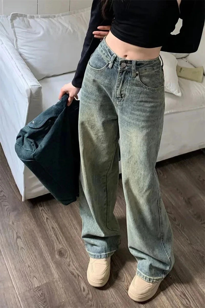 Y2K Baggy Casual Wide Leg Jean Streetwear AllMatch Washed Denim Trousers Female Vintage 90S High Waist Straight Pants 241108
