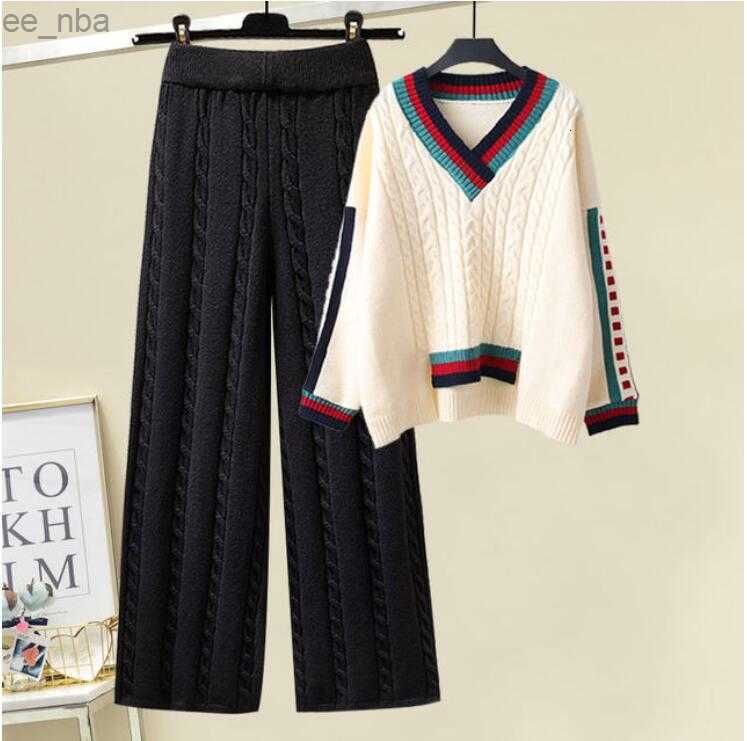 Womens Tracksuits Top Wide Leg Pant 2 Piece Suit Luxury Women Striped Sweater Sets Knitted Cardigans Pants Set Tracksuits