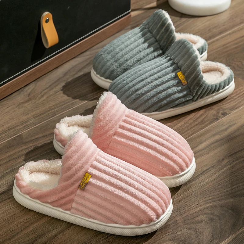 Winter Couple Style Concise Stripes Plush Slippers Ladies Nonslip Soft Warm Flip Flops Women Men Home Flat Casual Cotton Shoes 241115