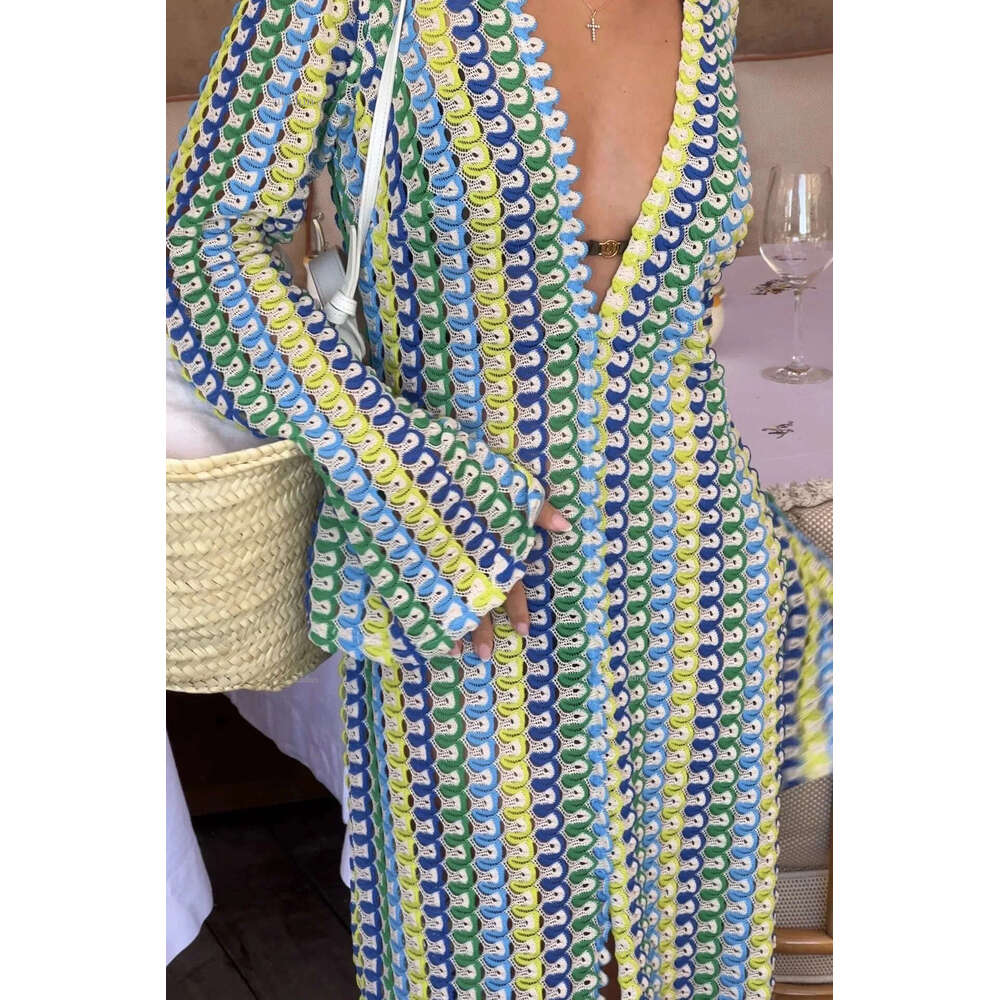 Crochet Colorful Stripe Maxi Dress Women Flare Sleeve Vneck High Split Sexy Long Dresses Autumn Beach Banquet Vestidos 240513