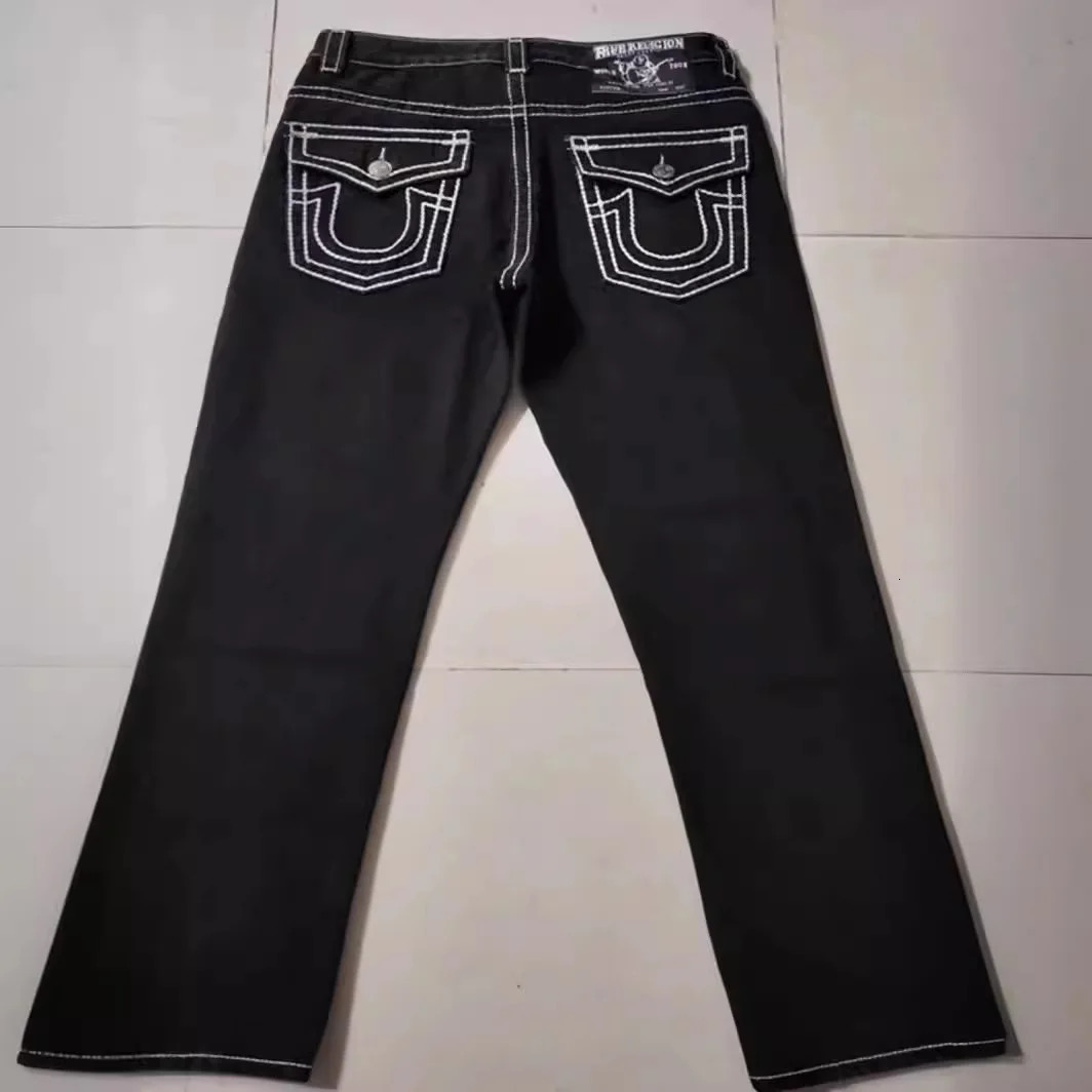 Y2K American high street fashion Buddha religious jeans black and white thick line mens straight leg casual pants 241115