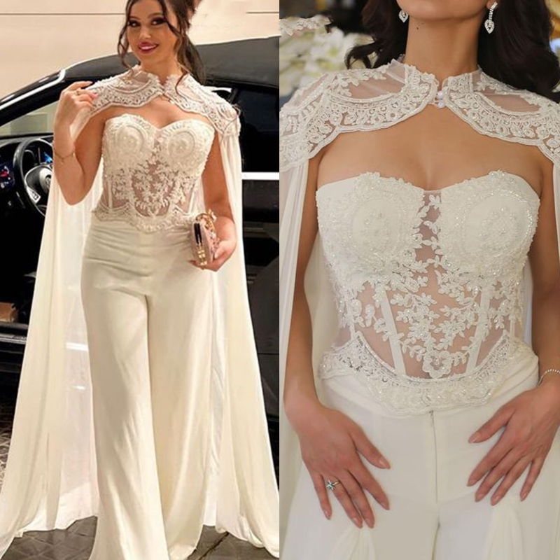 Elegant White Jumpsuits Evening Dresses With Long Wrap Lace Appliques Beaded Strapless Corset Pants Suit Prom Gown For Women Illusion Sexy Special Occ