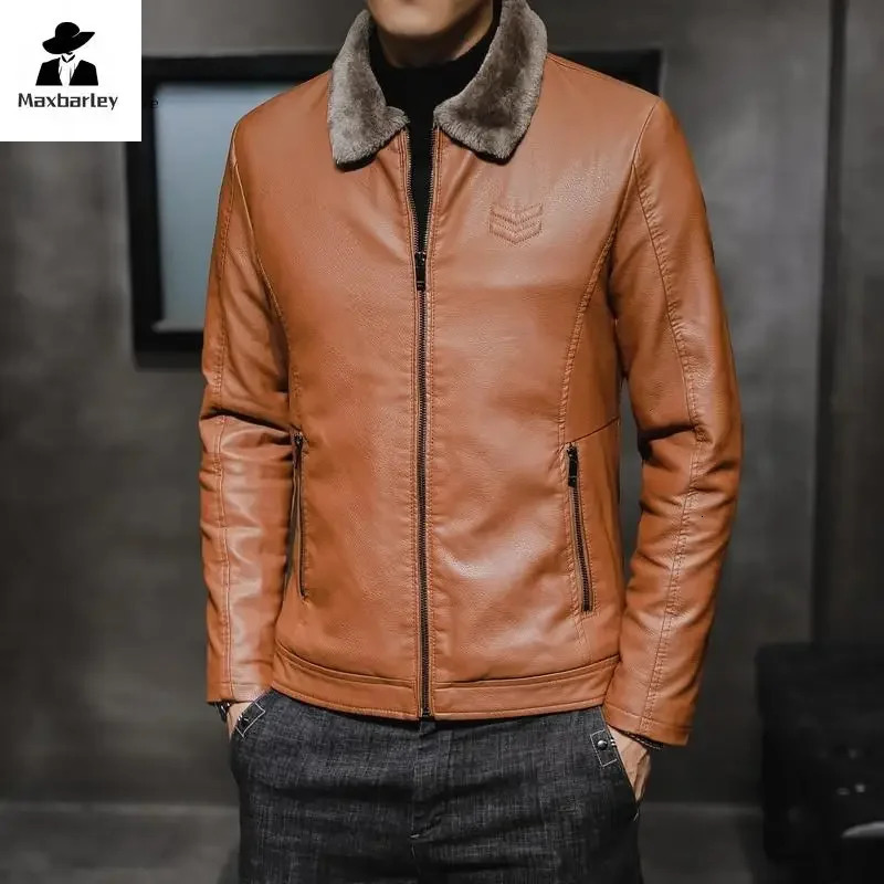 Autumn and Winter Leather Jacket Mens Business Thickened Faux Fur Collar Windproof Warm PU Coat Brand Motorcycle 241108
