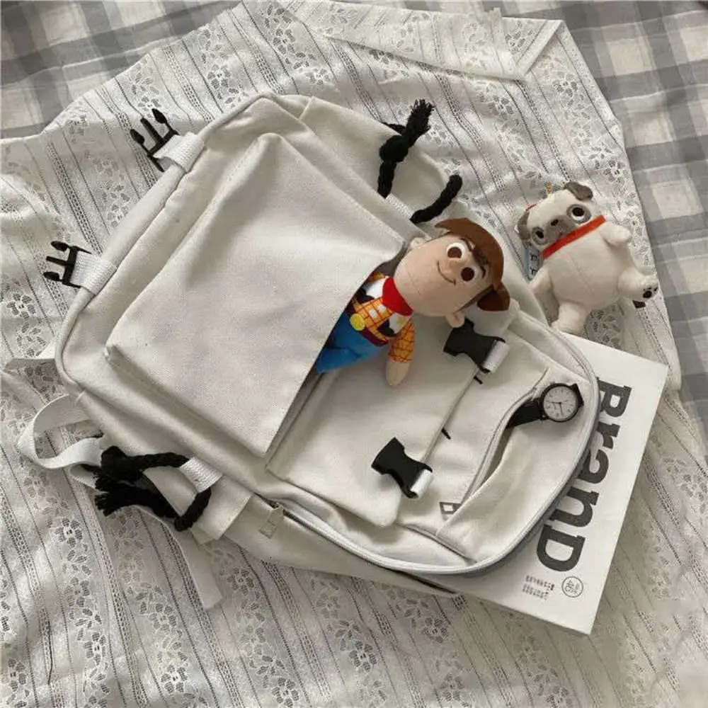 Womens Korean Version Canvas Schoolbag Mens Casual Solid Color Backpack Travel School Shoulder Bag 241115