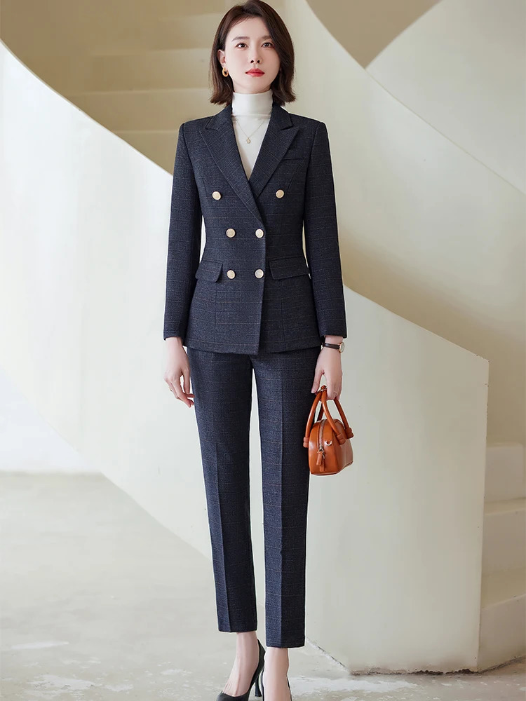 Autumn Winter Red Coffee Blue Black Womens Pants Set Business Work Clothes Plain Jacket and Trouser 2piece 241115