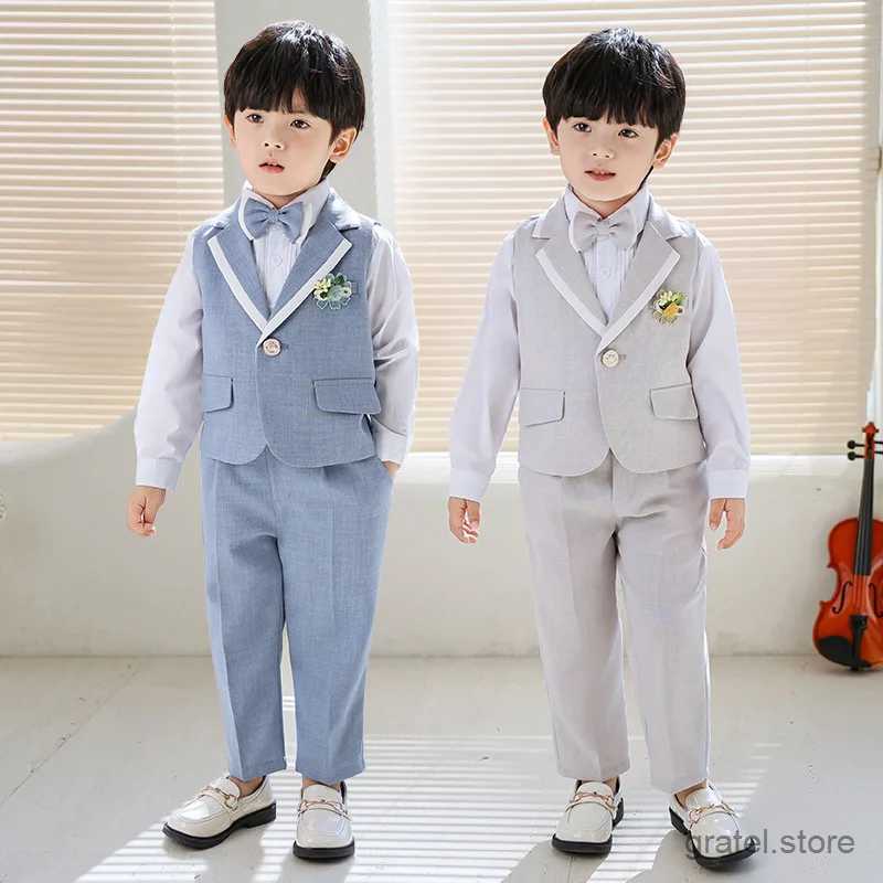 Suits Children Summer 1Year Birthday Photography Suit Flower Boys Vest Pants Bowtie Ceremony Costume Kids Evening Party Wedding Dress