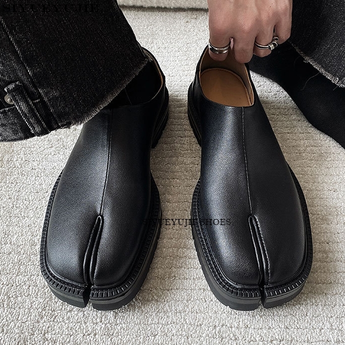 Split Toe Tabi Loafers Men's Single Platfrom Women Leather Soft Soles Solid Color Flats Casual Men Shoes