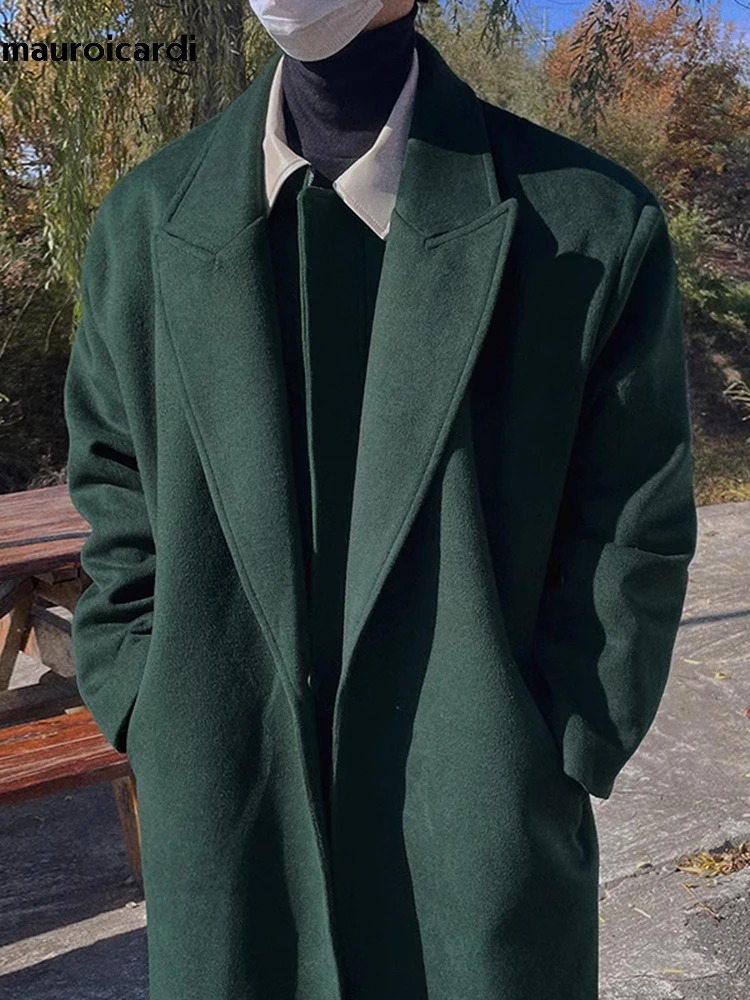 Mauroicardi Autumn Winter Long Warm Oversized Soft Dark Green Black Woolen Coat Men Loose Casual Korean Wool Blends Overcoat 241115
