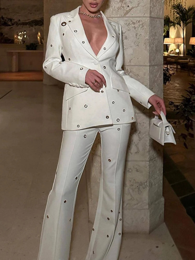 Womens Metal Buckle Jacket 2piece Set AutumnWinter Single breasted and High Waist Shining Pants Slim INKEO 4O084 241115