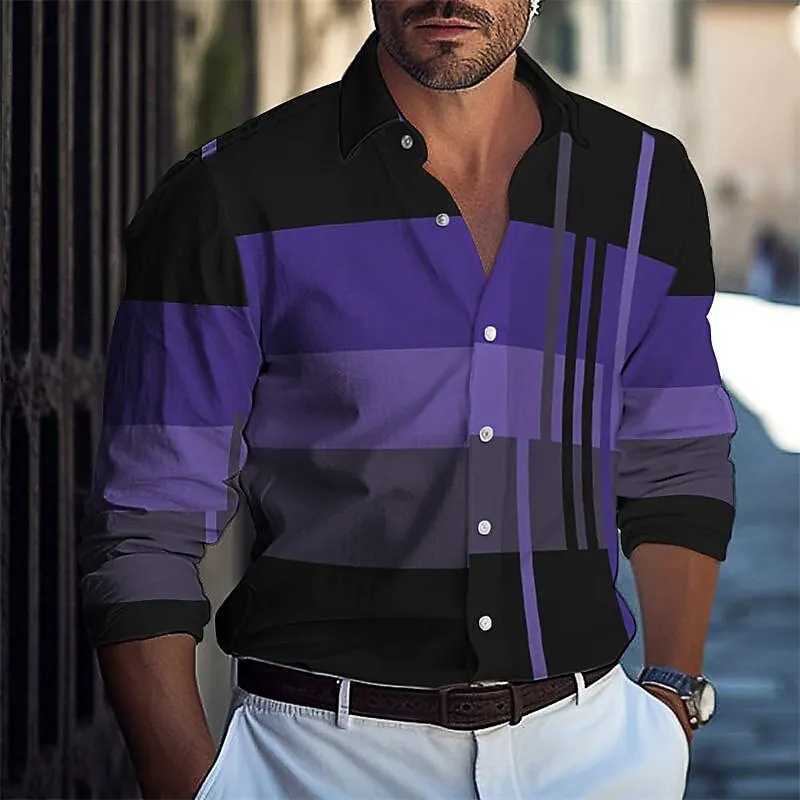 Men's Casual Shirts Mens shirt buttoned casual summer beach long sleeve plaid color block lapel Hawaiian vacation fashion 240416