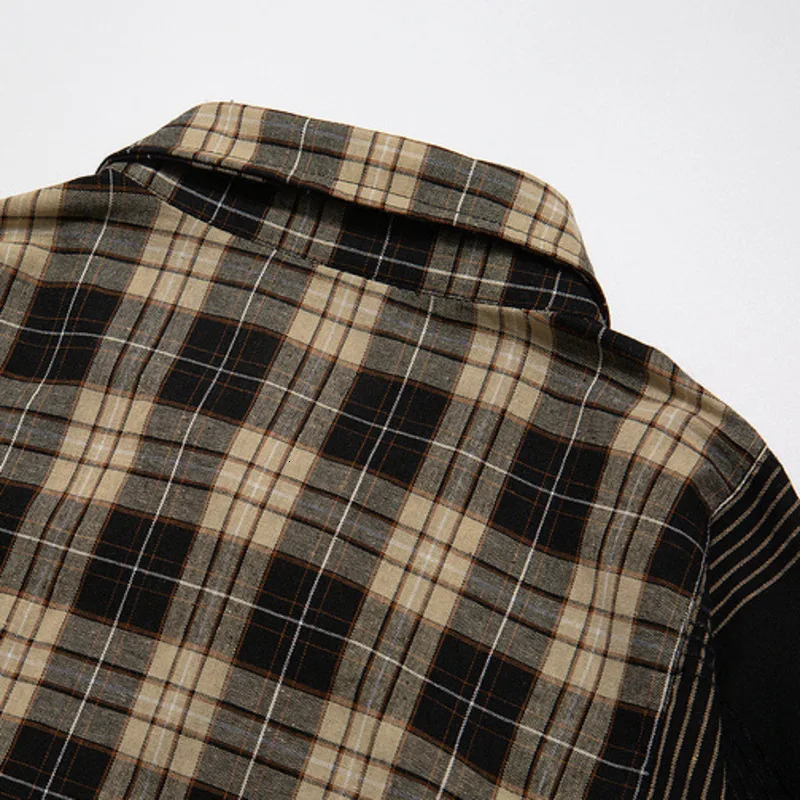 Hip hop mens plain shirt streetwear patch work buttons long sleeved cotton shirt summer Harajuku retro casual loose shirt 241112