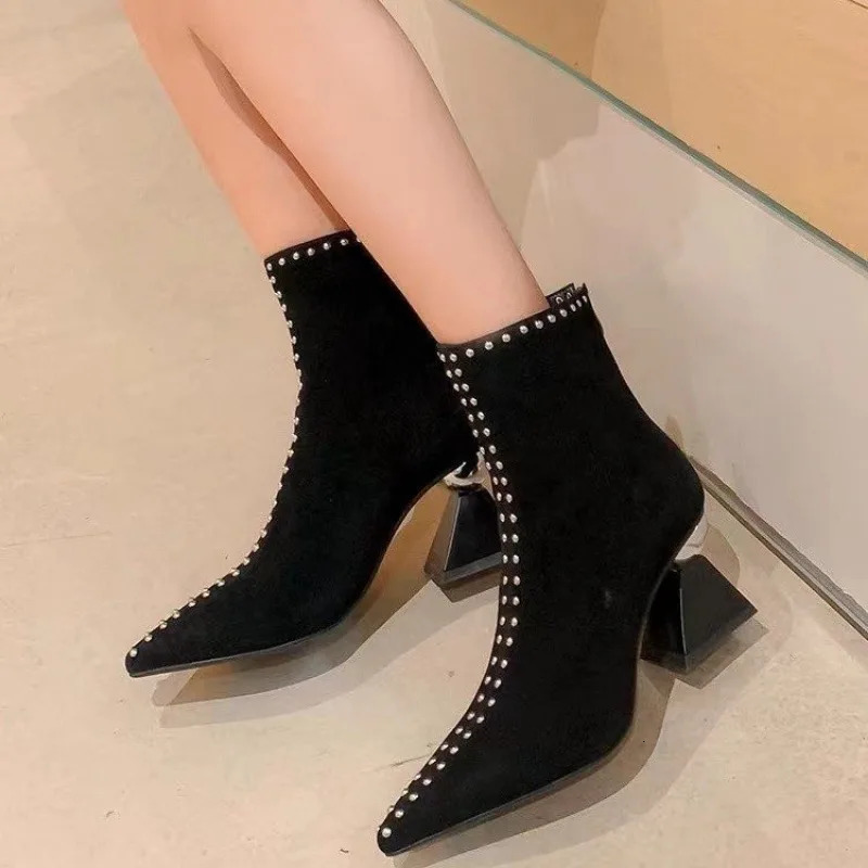 Womens ankle boots light spring and autumn winter pointtoe er womens short back zipper sexy suede high heels mom shoes 241115