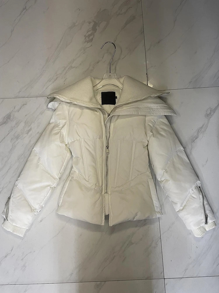 TWOTYLE Solid Slimming Temperament Coats For Women Lapel Long Sleeve Patchwork Zipper Casual Jackets Female Fashion Winter 241108