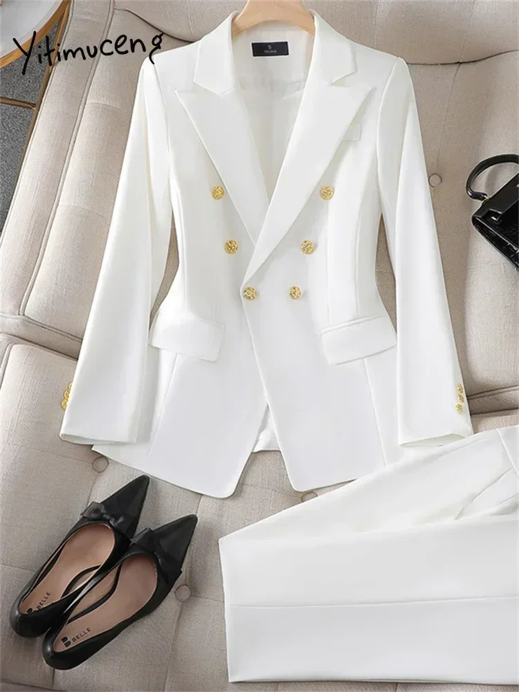 Yitimuceng Elegant Office Womens Two Piece Set Double Chest Long Sleeve Jacket Loose Casual Pants 241115