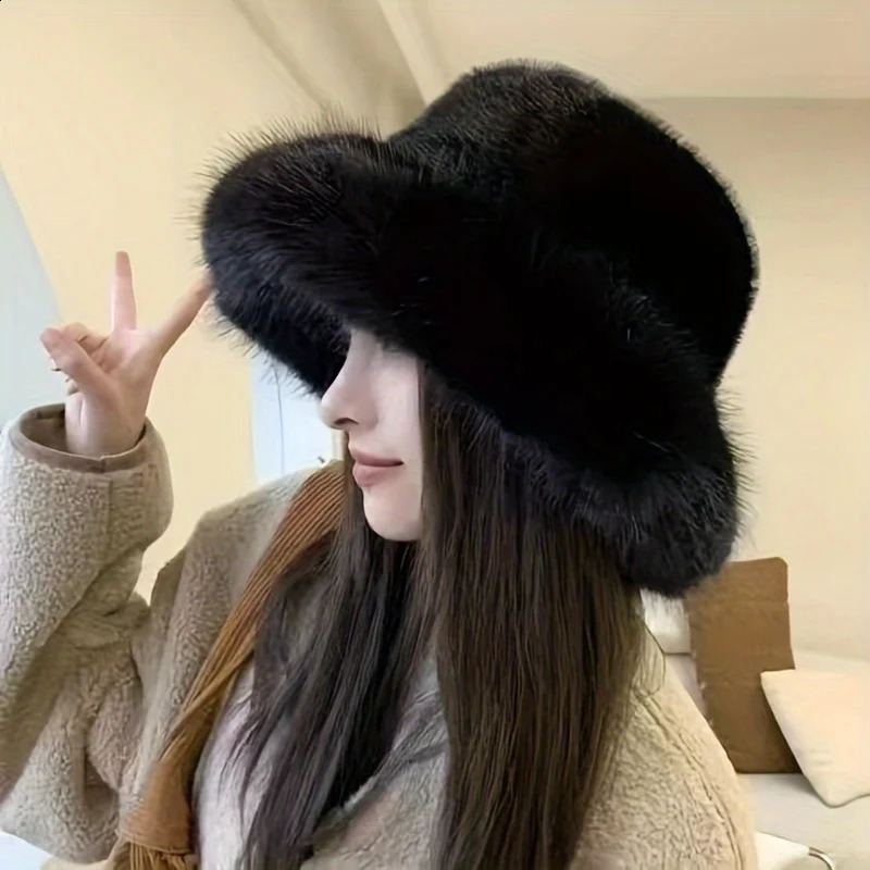 Fashion Faux Fur Big Bucket Hat for Women Russian Cossack Fluffy Winter Wrap Fuzzy Oversized Pink Wine Red 241116
