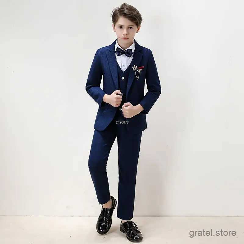 Suits Big Teenager Tuxedo Dress Children Dance Costume Flower Boy Wedding Suit Kids Formal Jacket Vest Pants 3PCS Party Photograph Set
