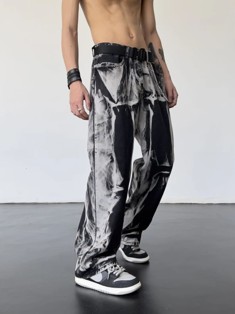 Trousers Hip Hop Chain Male Cowboy Pants Straight Tie Dye Jeans for Men Goth Black Trend 2024 Baggy Oversize Grunge Y2k Washed 241115