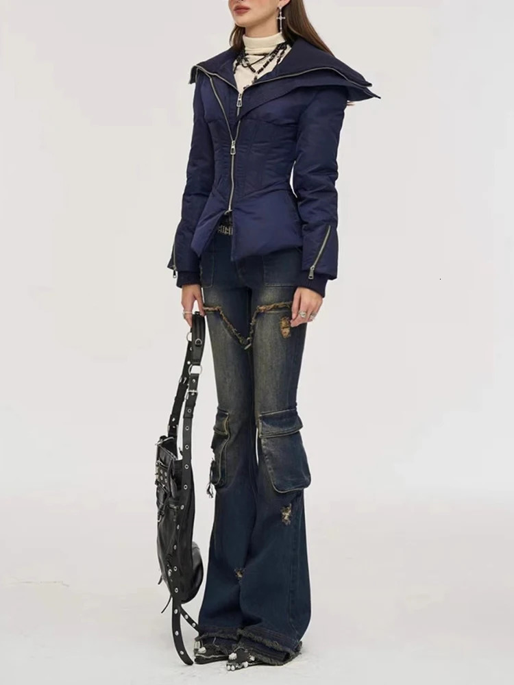 TWOTYLE Solid Slimming Temperament Coats For Women Lapel Long Sleeve Patchwork Zipper Casual Jackets Female Fashion Winter 241108