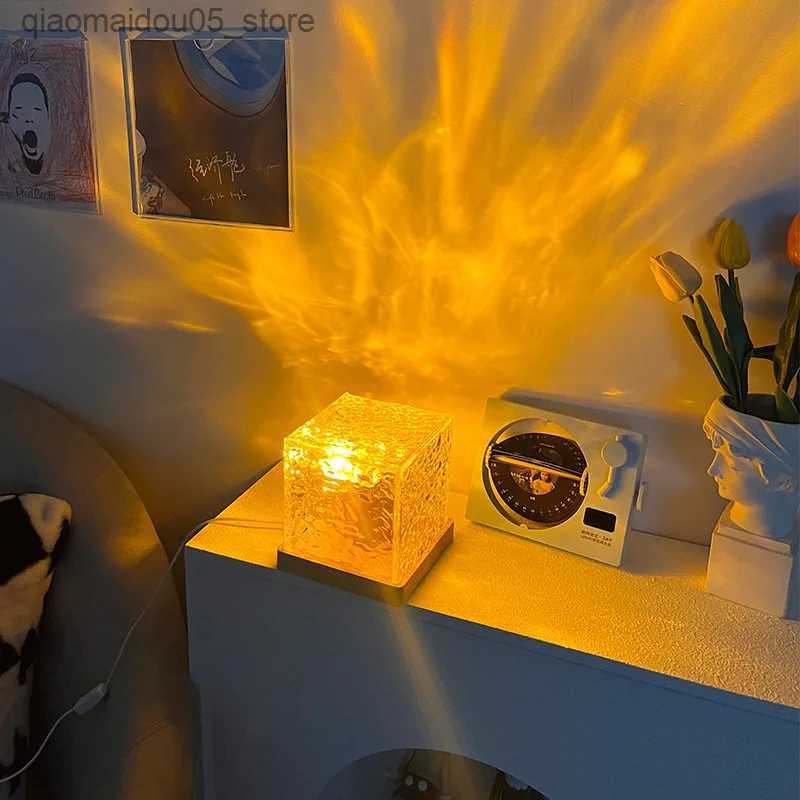 Lamps Shades Water ripple lamp cube table decoration night lamp childrens bedroom atmospheric lighting wave projector desk lamp Q240416