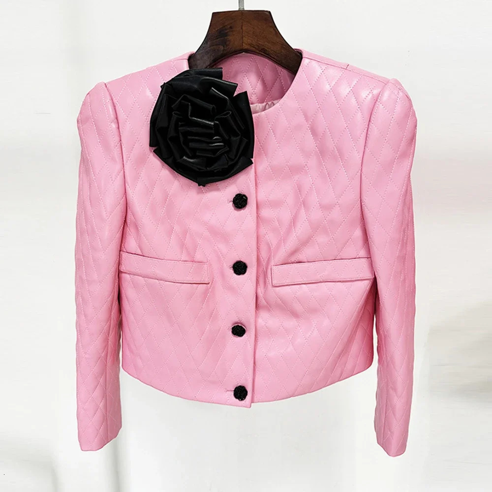 DEIVE TEGER Womens Pink Diamond Quilted Short Leather Jacket Mini Flower Fashion 2piece Set 241115