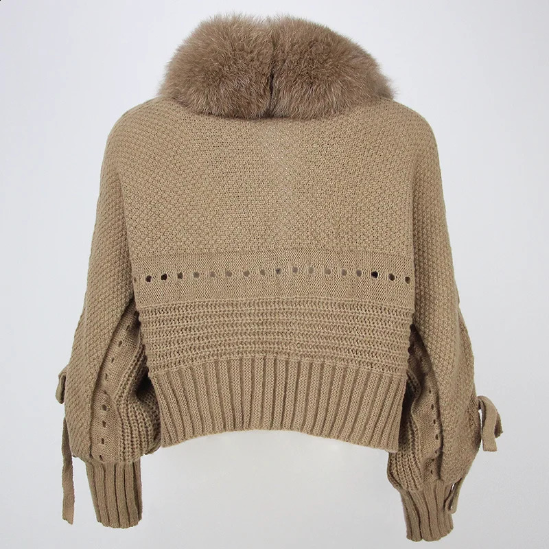 2023 Winter Women Casual Real Fur Collar Fashion Short Warm Loose Knitted Jacket with Natural Placket Coat 241116
