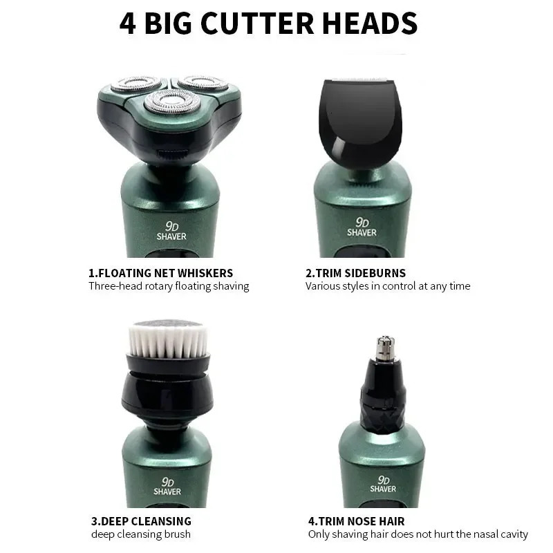 Green Smart Electric Shaver LCD Digital Display Three-head Floating Razor USB Rechargeable Washing Multi-function Beard Knife 241115