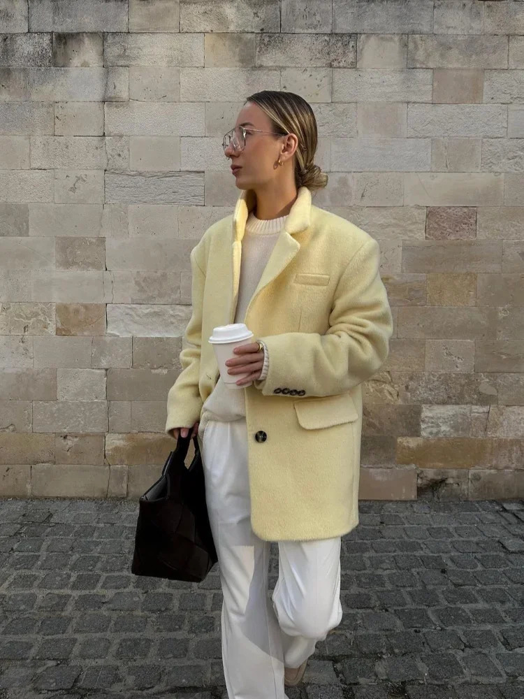 Yellow Elegant Collar Wool Blended Jacket Womens Unique Single Chest Long Sleeve Pocket Jacket Womens Office Street Jacket 241115