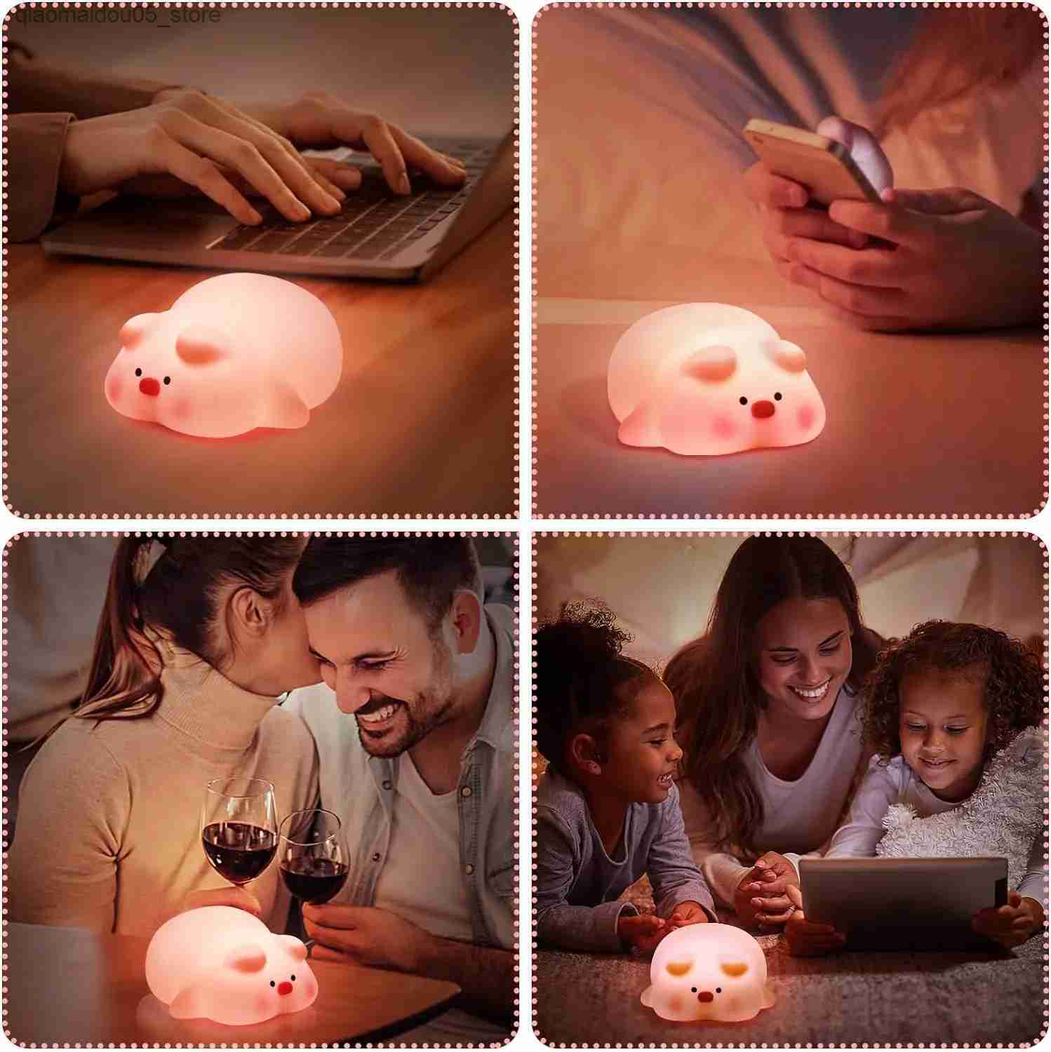 Lamps Shades Piggy LED Night Light Cute Piggy Silicone Night Light USB Charging Timed Bedside Decoration Childrens Night Light Birthday Gift Q240416