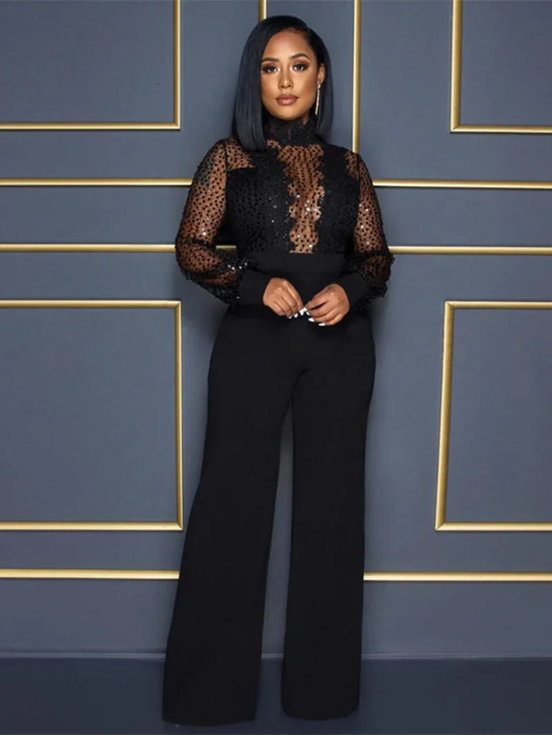 Streetwear Sequins Lace Patchwork Jumpsuit Women Autumn Clothes Solid Full Sleeve Rompers Playsuits One Pieces Overalls Outfits 241116