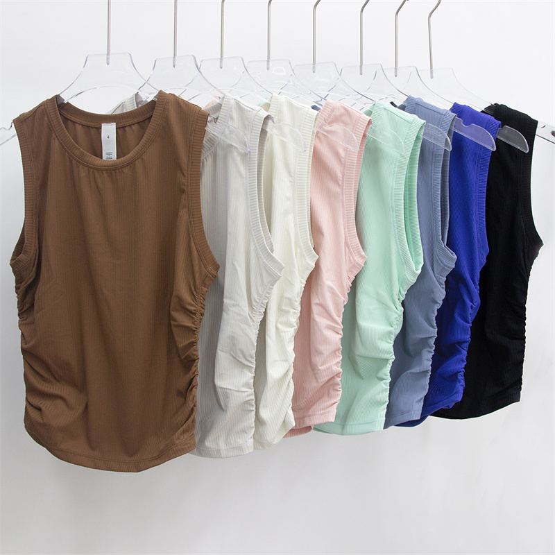 Womens Yoga T-shirt Summer Top Womens Ribbed Round CollarSleeveless Elastic Drawstring Sports Fitness Solid Color