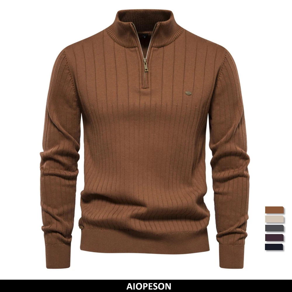 Autumn Zipper Drawn Mens Sweater High Quality Warm Winter Stand up Collar Cotton Knitted 241115
