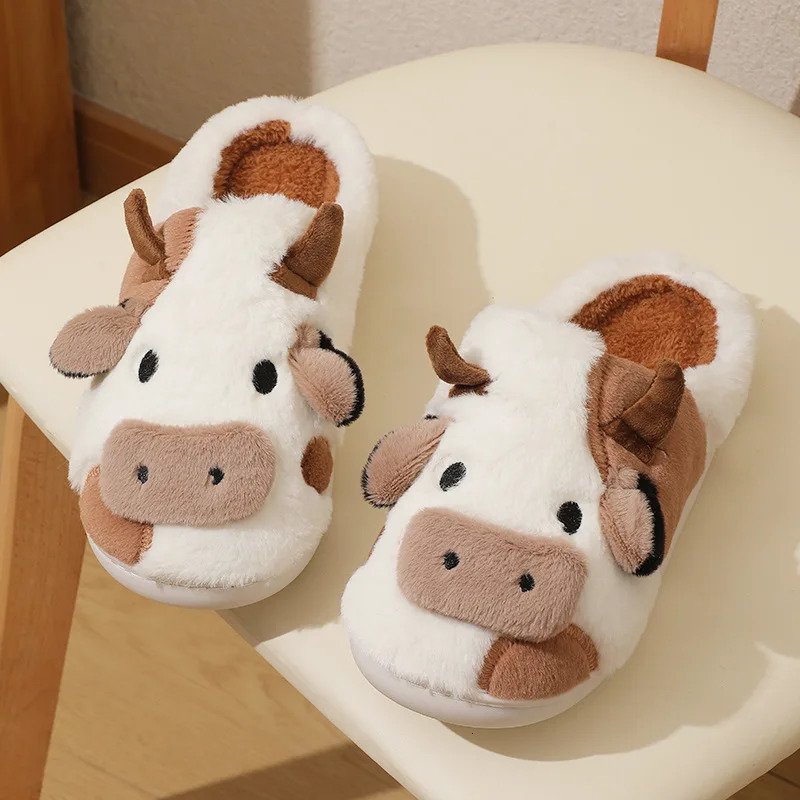 Couple Winter Home Slippers Women Shoes Cute Cartoon Cow Slippers Men Warm Plush Slides Indoor Bedroom NonSlip Floor Slipper 241115