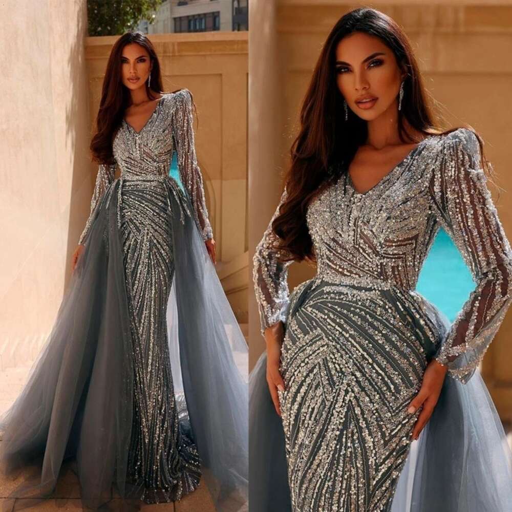 Sequined African urious Dubai Evening Dresses V Neck Full Sleeve Mermaid Prom Dress Tulle Detachable Train Formal Party Gowns