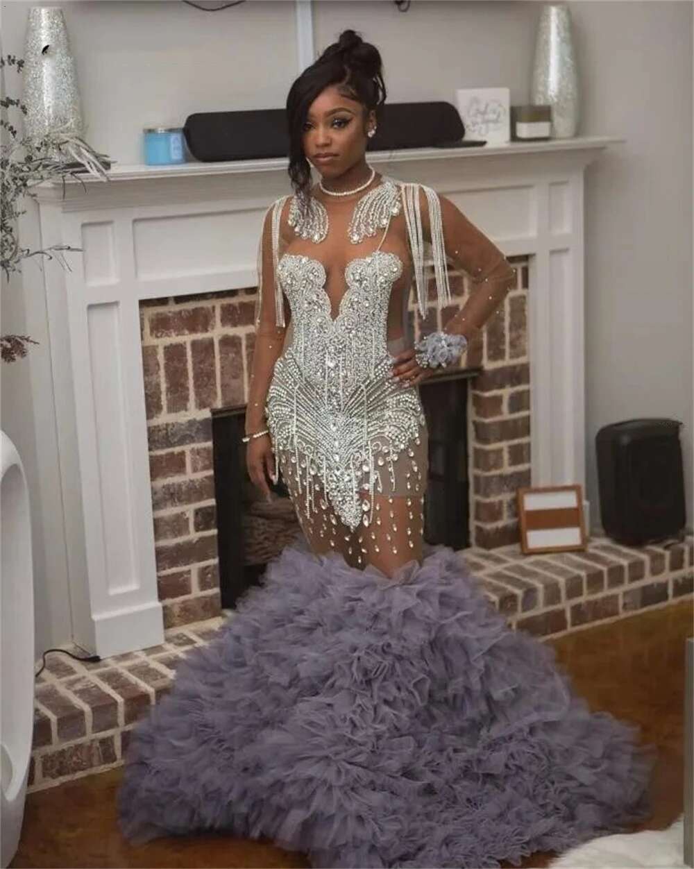 Grey Tulle Ruched Train Sier Tassl Crystal Prom Dresses For Black Girl Graduation Gown Mermiad Party Dress 322