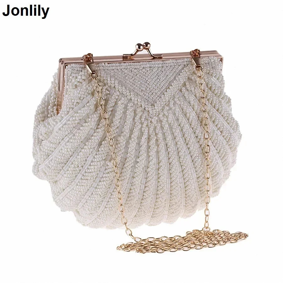 Evening wear womens clutch bag wedding bride handbag pearl fashionable shell chain party bag LI-383 241115
