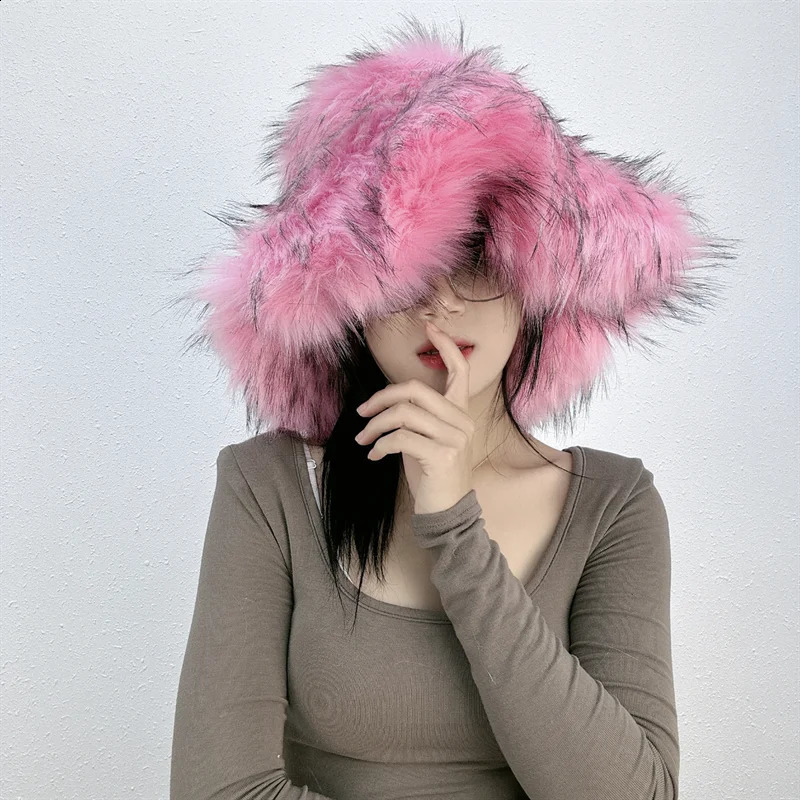 Winter Warm Plush Bucket Hat Women Oversize Earflaps Fluffy Faux Fur Hats Fashion Furry Raccoon Cotton Solid Color 241116