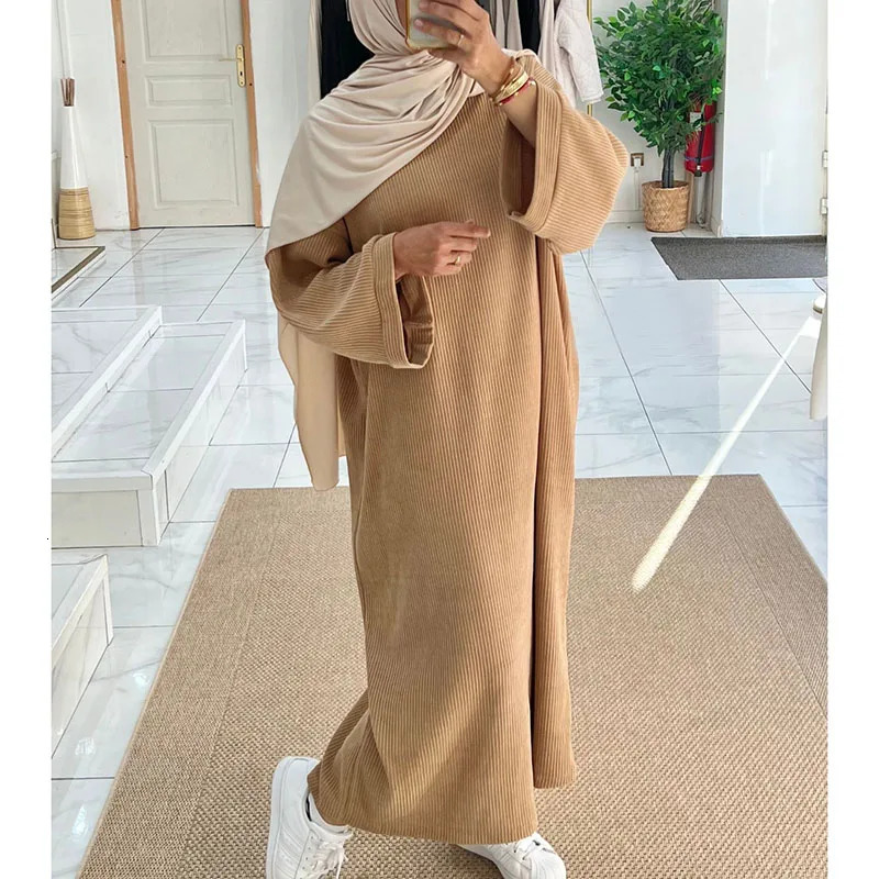 Corduroy Abaya winter thick side pockets warm Ramadan Islamic clothing high-quality Muslim womens long sleeved humble dress 241111