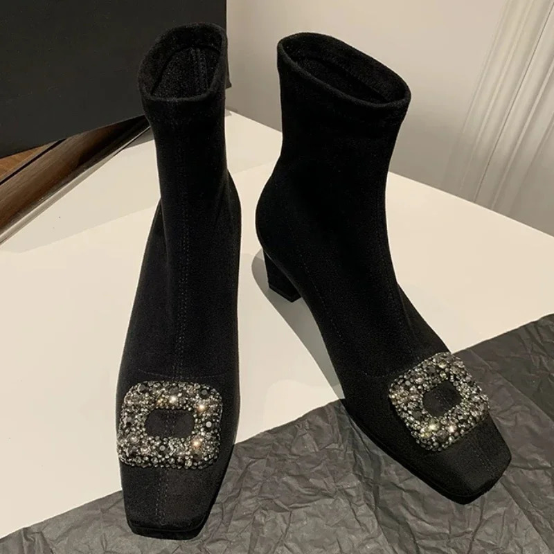 Womens Crystal Ankle Boots Suede Short and Fat Square Toe Shoes 2024 Winter Trend Elegant Party Pump Selling Womens Botas 241115