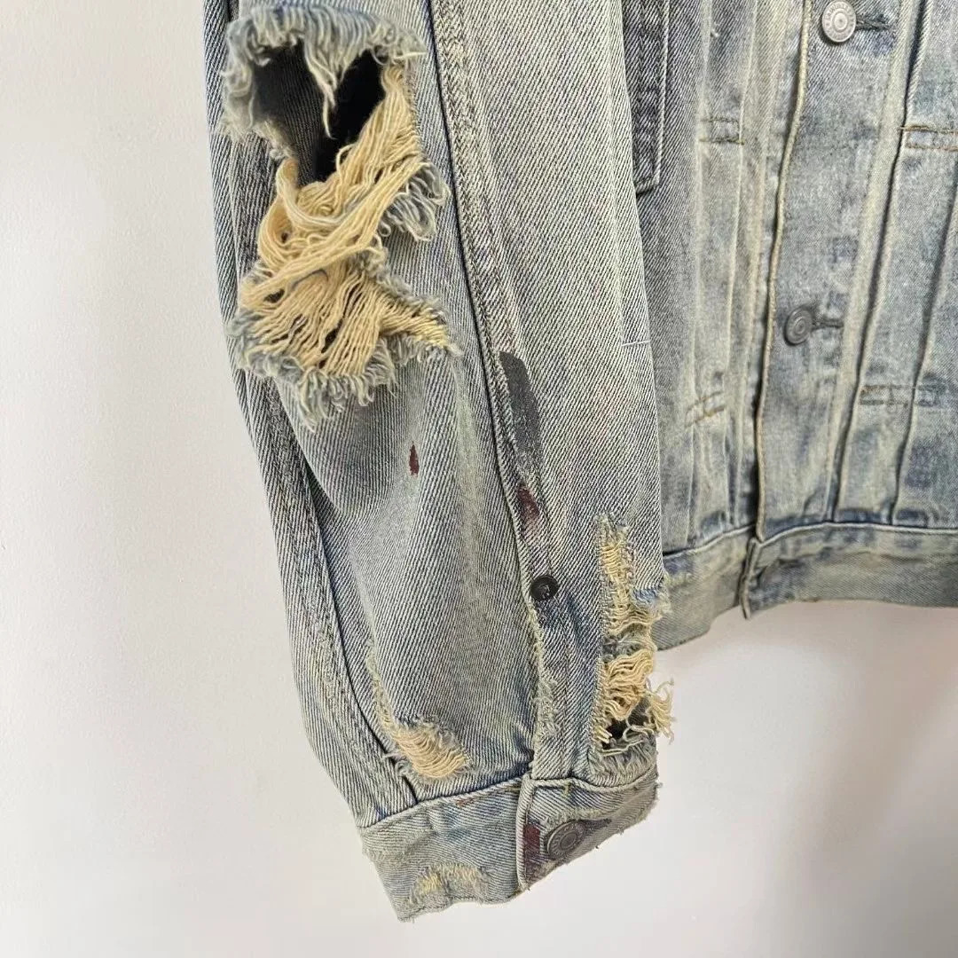 Mens Retro Distressed Broken Dirty Denim Jacket 241115