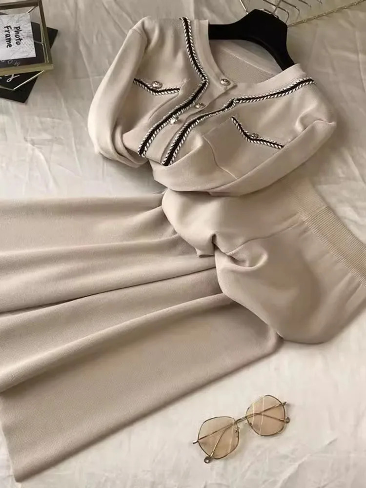 Women Knitted Sweater 2 Pieces Sets Korean Cropped Knitwear Cardigan Tops Conjuntos High Waist Ankle Length Wide Leg Pants Suits 241115