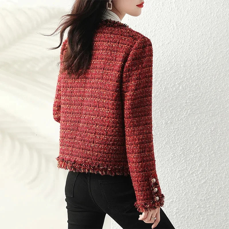 autumn jacket French high-end warm red perfume coat Womens short thick tweed coat Womens cutting jacket top 241115