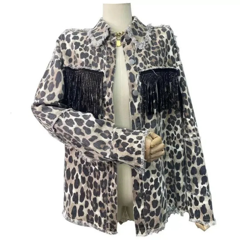 Deeptown retro leopard print denim jacket womens animal print oversized street clothing Y2k spring jacket high street jacket 241115