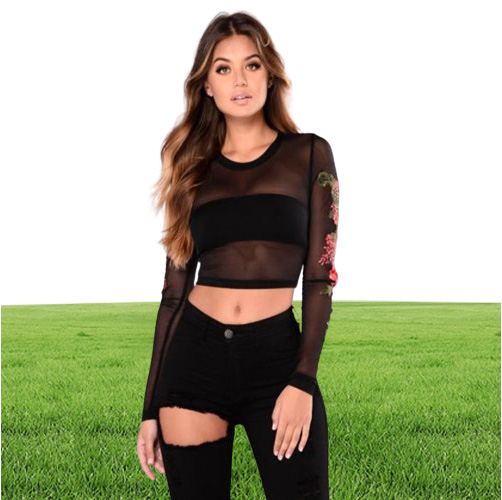 Embroidery Flower Black See Through TShirt Women Crop Top Transparent Mesh Sheer Tube Club Women Top Ladies Tees TShirts