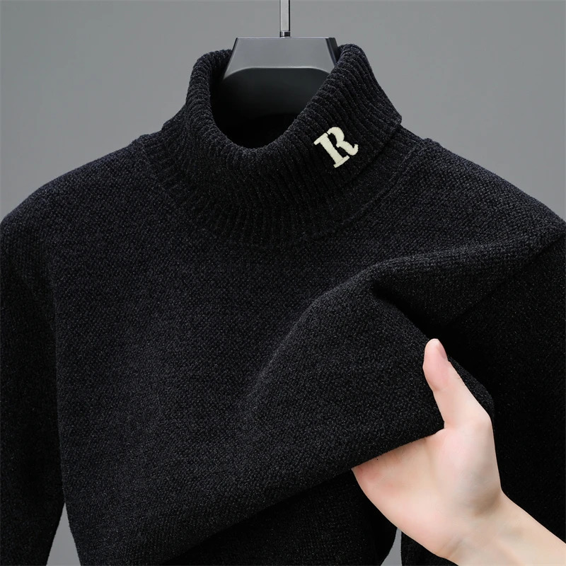 Mens Pulled Knitted Sweater Winter Style Korean Trend Letter Embroidery Plush Thick Collar Pulled 241112