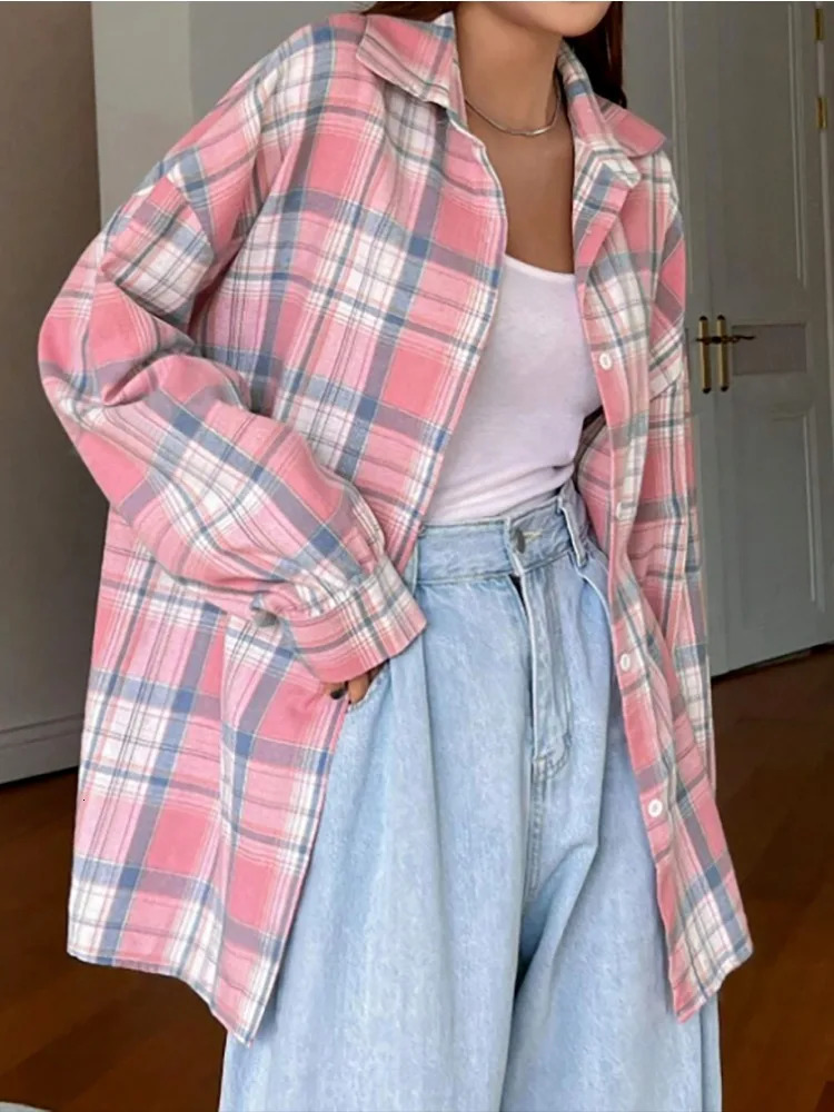 Deeptown long sleeved pink checkered shirt Korean style retro Y2k young womens shirt Harajuku fashion Japanese jacket 241115