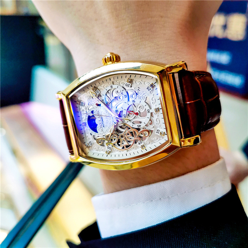 Automatic mechanical watch skeleton through the bottom watch men's waterproof luminous leather butterfly buckle dial diameter 46mm thickness 12mm